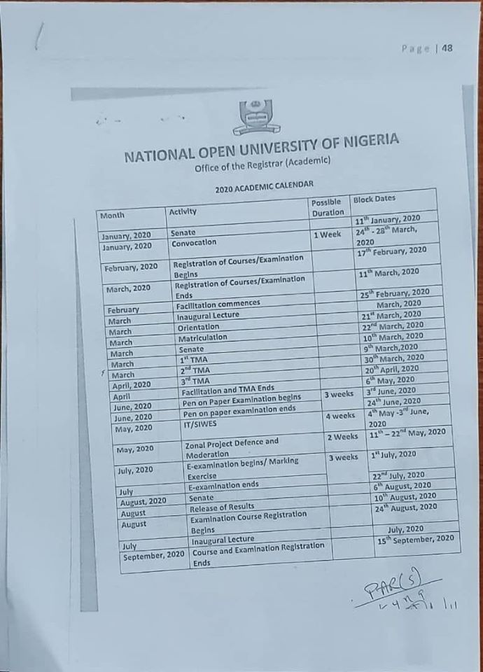 NOUN ACADEMIC CALENDAR