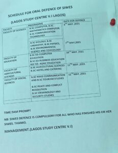 Read more about the article SCHEDULE FOR ORAL DEFENSE OF SIWES IN NOUN| National Open University